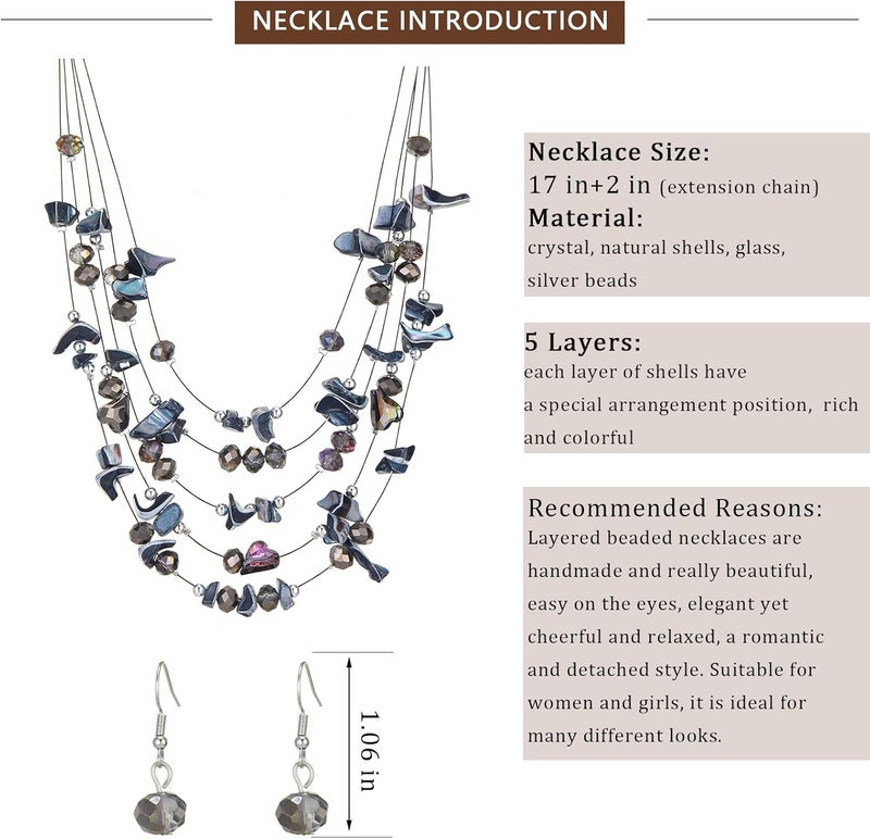 Errally Store Multi-Layer Boho Shell Beaded Necklace for Women Colorful Crystal Strand with Silver Beads Statement Collars Necklace and Earrings Costumes Jewelry Sets for Women - Image 5